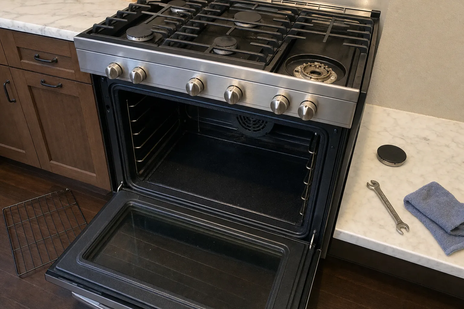 Stainless gas range with the oven door open and empty, a rack on the floor and a wrench resting on the counter.