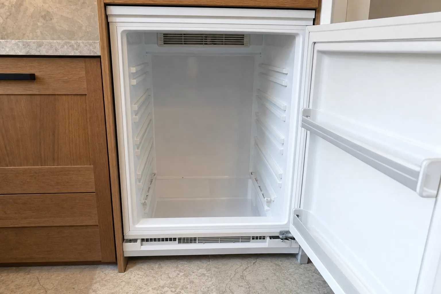 Undercounter refrigerator with the door open, shelves removed and the base vent grille exposed.