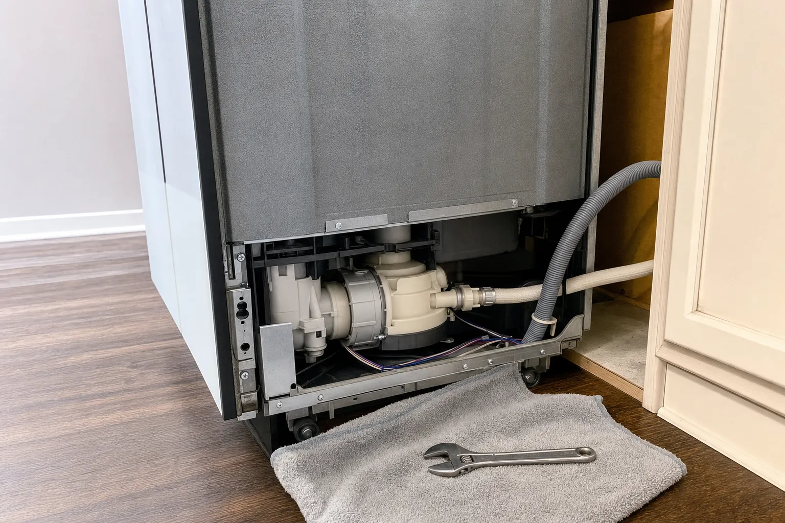 Dishwasher pulled out of its cabinet with the base panel off, exposing the circulation pump, drain hose and wiring.