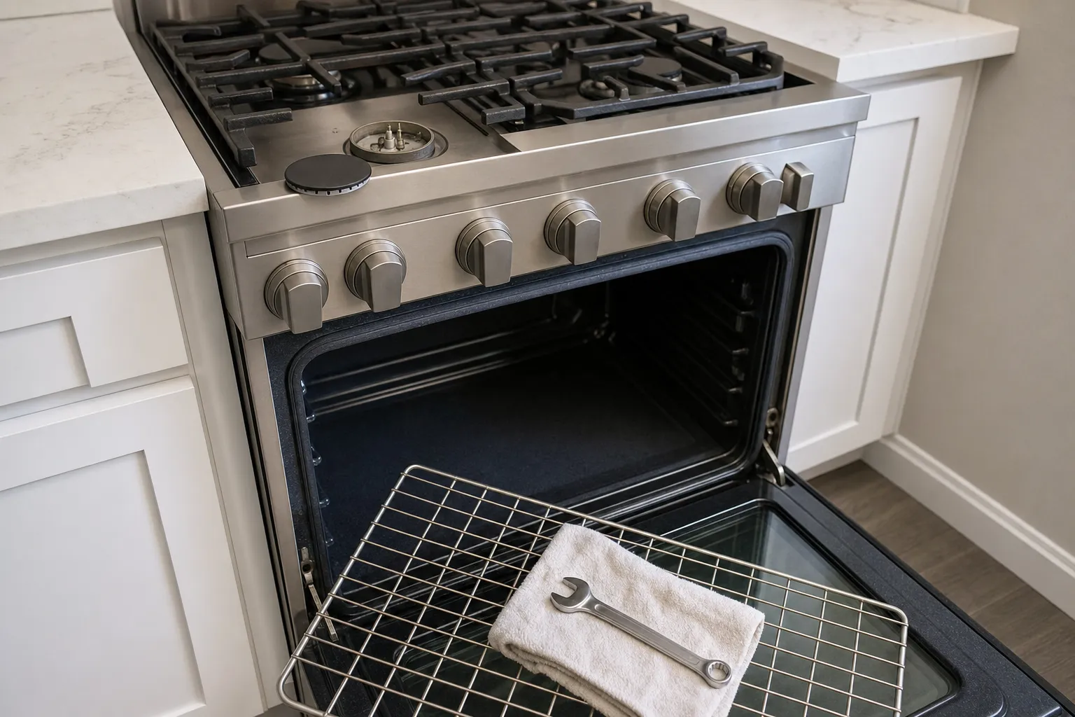 Gas cooktop with a burner cap removed, the oven door open below and a wrench on a towel on the pulled-out rack.