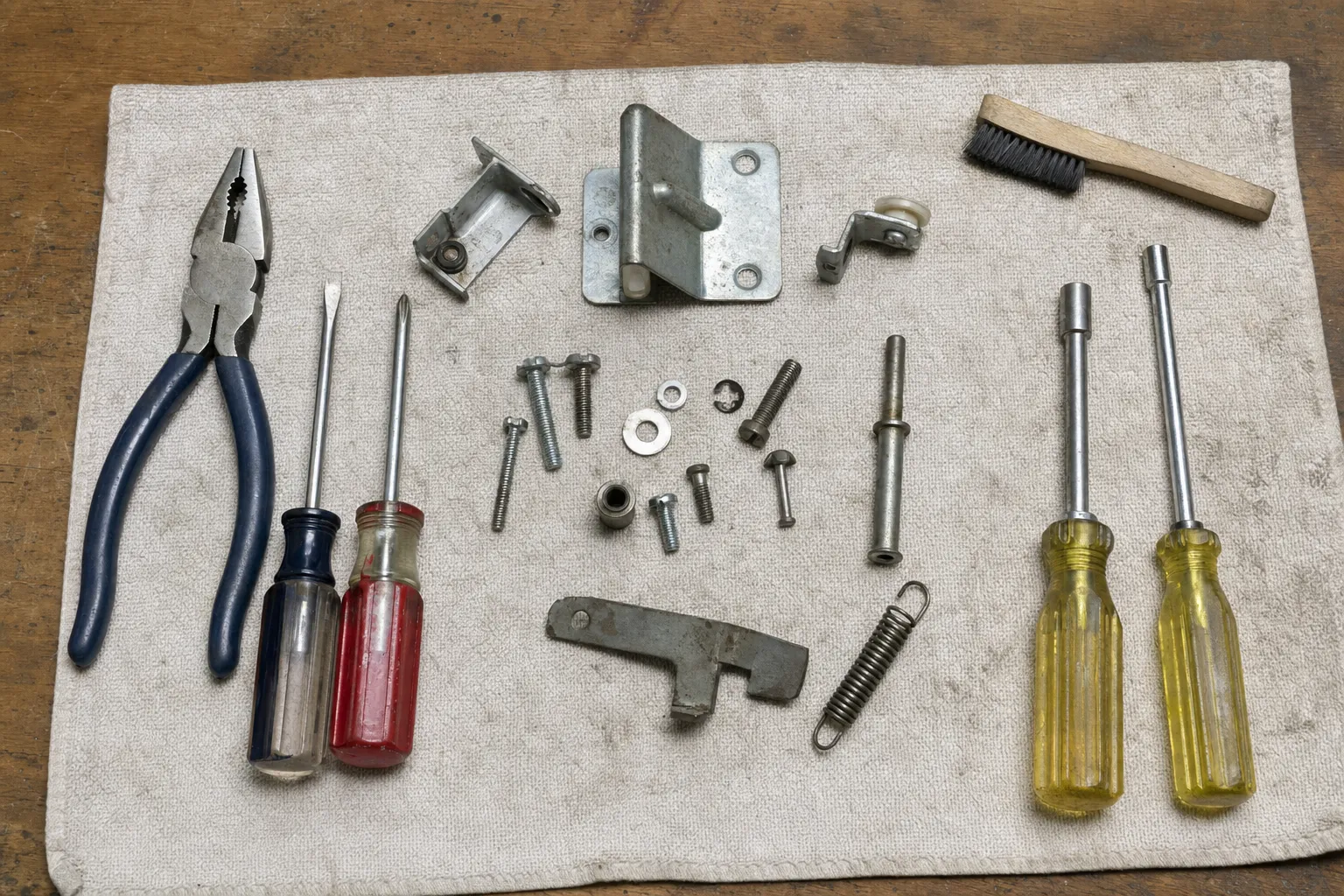Hinge plates, a roller and a spring laid out with pliers, screwdrivers, nut drivers and a wire brush on a cloth.
