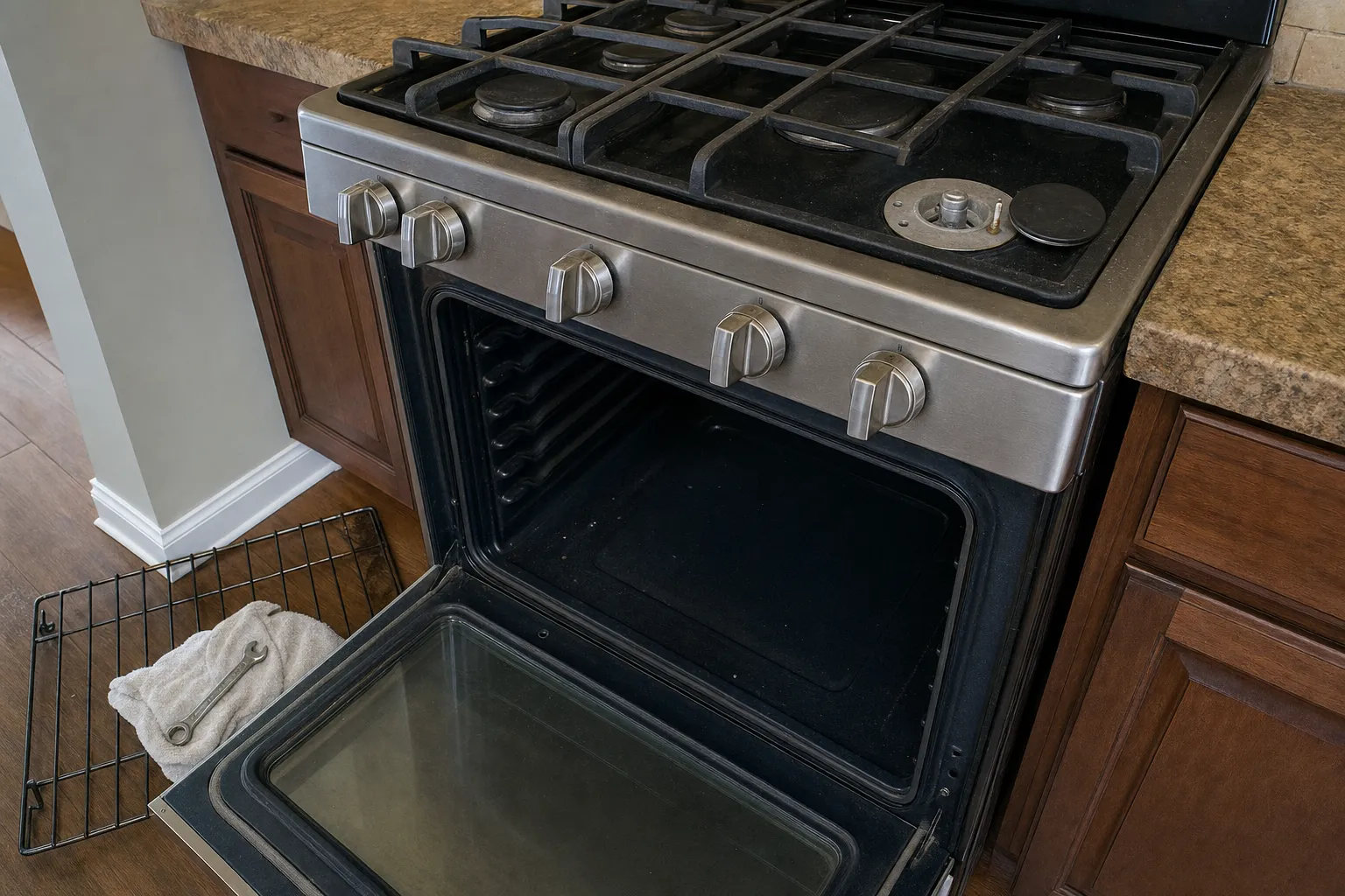 Gas range between dark wood cabinets with the oven door fully open, one burner uncapped, and a rack, towel and wrench on the floor.